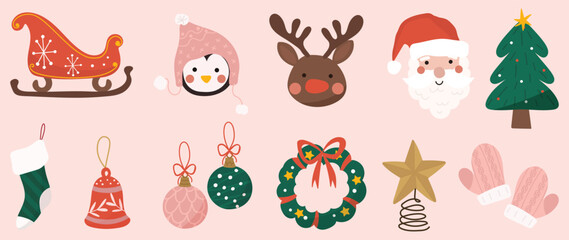 Set of winter vibrant christmas element vector illustration. Collection of sleigh, santa, penguin, reindeer, christmas tree, wreath, bauble. Design for sticker, card, poster, invitation, greeting.