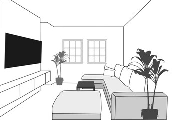 Entertainment and living room with sofa and television, 3d vector illustration
