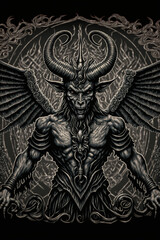 Fototapeta na wymiar Baphomet demon king statue gothic engraving illustration filigree background generated by AI 