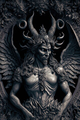 Baphomet demon king statue gothic engraving illustration filigree background
