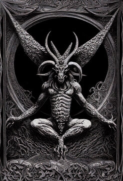 Baphomet demon king statue gothic engraving illustration filigree background