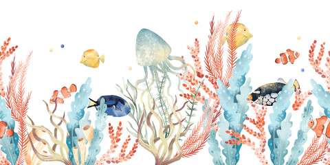 Watercolor horizontal seamless border, colorful illustration of sea underwater plants, fish, seaweeds, ocean coral reef. Aquarium decor. Wildlife marine floral elements isolated on white background.