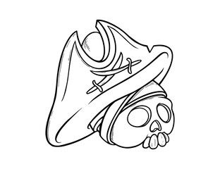 Pirate hat sketch on a skull. Corsair skull in tricorn hat with pirate symbol of crossed swords. Vector illustration isolated in white background