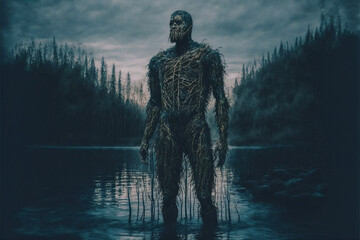 scary halloween plant swamp monster in lake  - obrazy, fototapety, plakaty