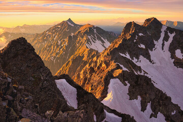 夕焼けの槍ヶ岳＆穂高連峰･北アルプス･登山･山岳風景