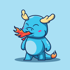Blue cute baby dragon mascot breathes fire