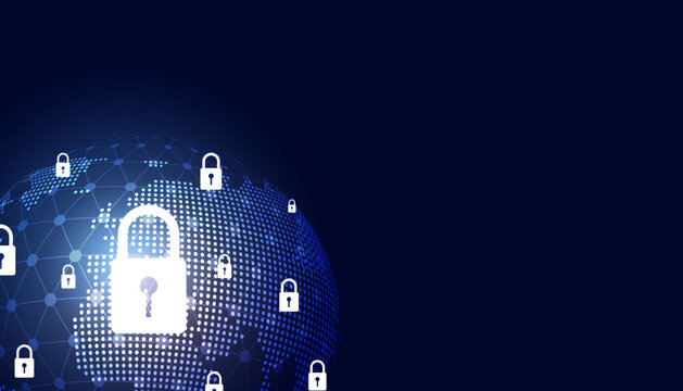 Abstract background digital concept world padlock cybersecurity anti virus malware spy protection cyber theft security On a blue-black background