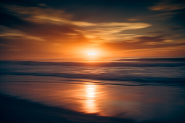 Obraz premium Abstract seascape. Red sunset, motion blur. Tranquil scene of empty sand beach