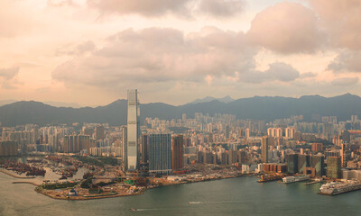 Fototapeta premium top view of victoria harbor bay on sunset evening view