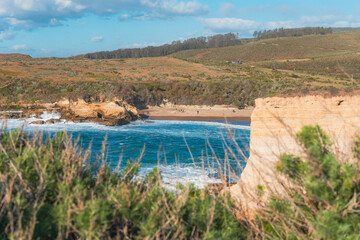 Rocky cliffs, beach, hills, and California native forest, amazing view from Montana de Oro Bluff trail, California