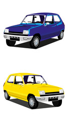 Antique small european classic cars in yellow and blue color. Classic car vector.