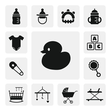 Inflatable ruber duck toy flat web icon. Swimming toys silhouette solid black vector. Baby shower, baby toys icon set