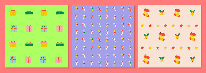 Naklejka premium Collection of Festive Holiday Patterns: Perfect for Gift Wrap, Web Backgrounds, and Fabric Decor. Three Merry Christmas Textures for Wallpaper and More.