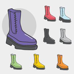 Vector set of drawings with black boots. Isolated objects on a white background. woman winter boots. Hiking boots.
