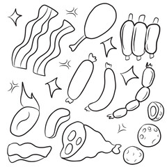 Set of meat doodles. Hand drawn meat background. Pieces of meat and meat products. Food ingredients for cooking illustration