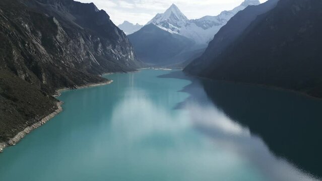 Aerial Lake Landscape Turquoise Blue Water Laguna Paron Peru Snowy Mountain Peak Andean Peruvian Cordillera, Beautiful Natural Unpolluted Trekking Destination