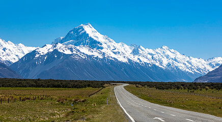 The road way landscape view of blue sky background over Aoraki mount cook national park,New zealand
