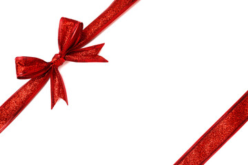 Single red glitter gift bow with cross ribbons