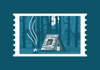 illustration of a log cabin in the forest under tall and big trees