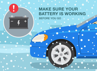 Safe car driving rules and tips. Winter season driving. Make sure your battery is working before you go. Close-up side view of sedan car on snowy road. Flat vector illustration template. - obrazy, fototapety, plakaty