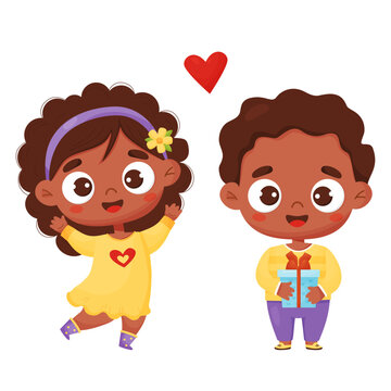 Pair cute ethnic children. Joyful happy black girl and in love boy with gift. Vector illustration. Kids character in cartoon style for card design, decor, valentines, print and kids collection.