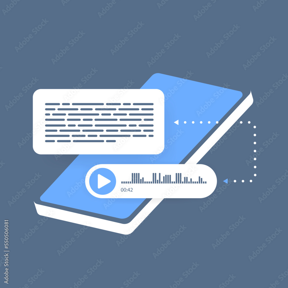Poster convert text to speech concept. translation of a text message into a voice audio message using neura