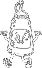 a vector of a cute cartoon mustard bottle in black and white colouring