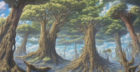 Fototapeta ねじれた巨木のファンタジー背景イラスト obraz