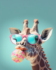 Fototapety  giraffe wearing glasses blowing bubble with pink bubble gum, AI assisted finalized in Photoshop by me