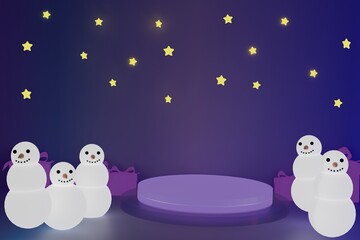 Obraz premium 3d Podium round stage style, giftbox and snowman, for Merry Christmas and happy new year and festivals or greeting festival with purple background