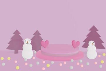 Pink stage podium and snowman for happy new year or greeting festival