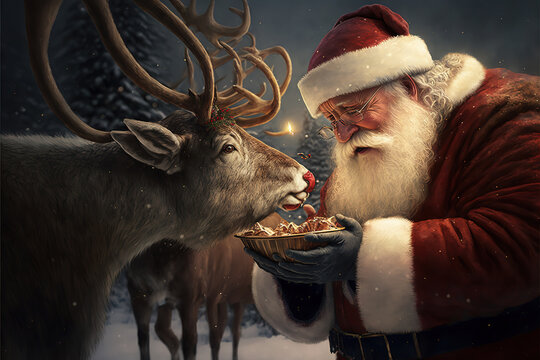 Digital art,santa reindeers, santa feeding reindeers, santa with animals, Rudolf
