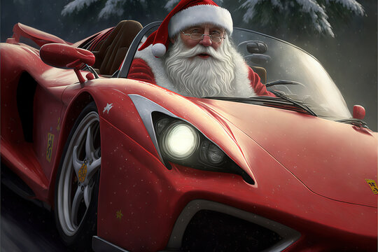 santa driving, santa sports car, santa driving car, santa fast car at christmas, greeting card digital image,generative ai	
