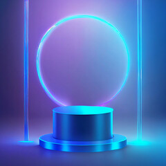 Realistic 3d blue cylinder pedestal podium in Sci-fi dark blue abstract room with illuminate horizontal neon lamp. Vector rendering product display presentation. Futuristic minimal scene.