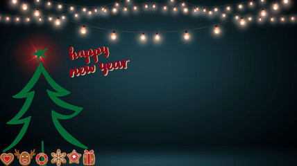 Green christmas tree, cinnamon cookies, patio lights with happy new year message on the oil green gradient background, empty space for message, templates.