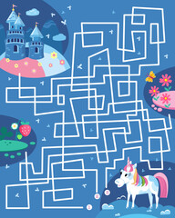 Maze for children. Puzzle for kids. Help unicorn to get to castle with towers. Cute cartoon characters. Vector illustration. © AngArt