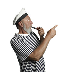 Cheerful sailor in profile on a transparent background png. An old sailor with a smoking pipe and a raised index finger - obrazy, fototapety, plakaty