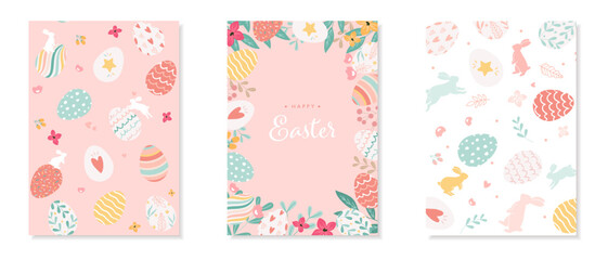 Hand drawn Easter eggs and rabbits. Vector illustration background cards set.