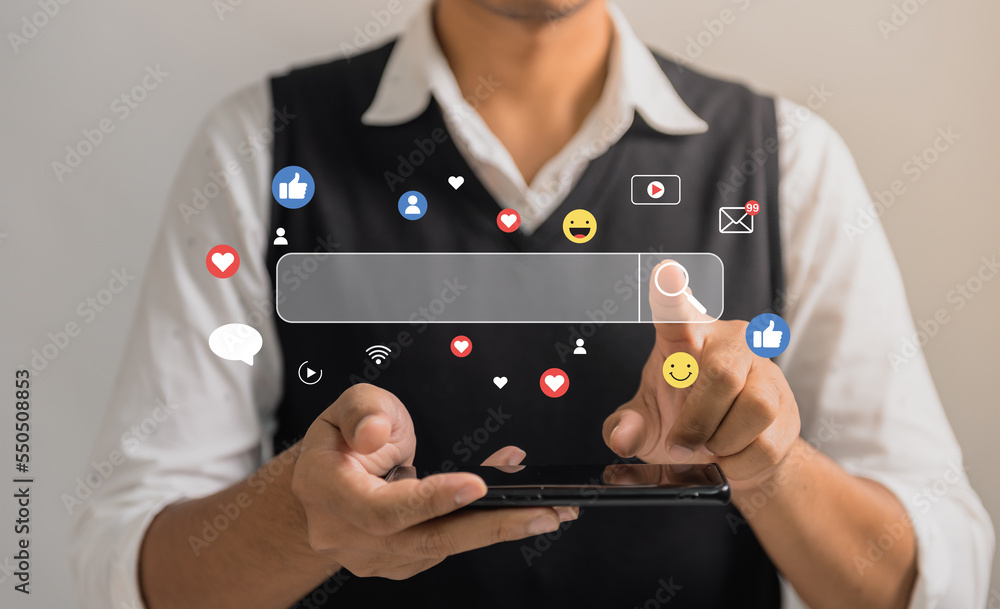 Poster man using smartphone to work about search engine and social media marketing. internet network techno