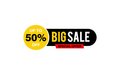 50 Percent discount offer, clearance, promotion banner layout with sticker style. 
