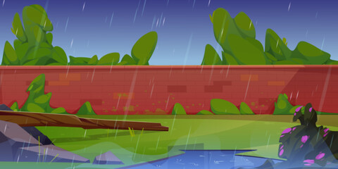 Rainy weather in green park or backyard with red brick wall, water puddles, stones, broken tree and blooming bushes under gloomy grey sky. Cartoon vector illustration of public garden with stone wall