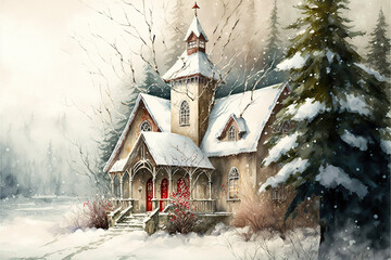 old church covered in snow, Christmas, AI assisted finalized in Photoshop by me 
