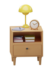 3D bedside tables with yellow lamp, wood bedside tables on transparent background. 3D rendering