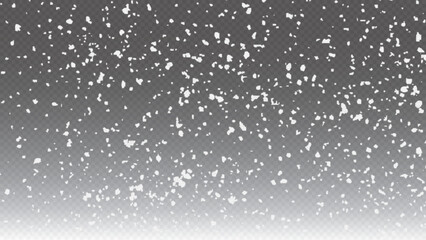 Falling snowflakes on a transparent background. Snowfall vector illustration. Abstract horizontal winter backdrop. Fall of snow.
