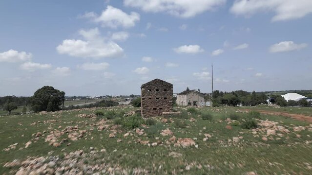 Low aerial flyover of traditional Boer War blockhouse at Vereeniging