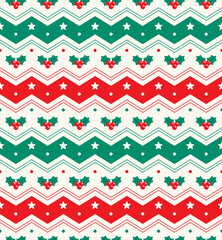 Cute Merry Christmas Tree Red Green Holly Snowflake Horizontal Zig Zag Line Chevron Stripe Striped Checkered Plaid Tartan Buffalo Scott Gingham Background Seamless Pattern for Christmas Party