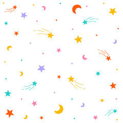 Cute Confetti Star Space Sky Meteor Shooting Star Crescent Moon Sprinkle Sparkle Shine Small Polkadot dot Line Mini Heart Abstract Colorful Pastel Seamless Pattern Background