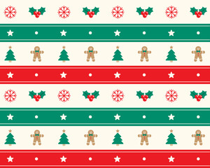 Cute Merry Christmas Tree Red Green Holly Candy Cane Gingerbread Wreath Snowflake Man Horizontal Line Stripe Striped Plaid Tartan Buffalo Scott Gingham Background Seamless Pattern