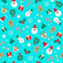 Cute Merry Christmas Santa Claus Holly Present Gift Box Snowflake Gingerbread Man Snowman Bell Confetti Element Ditsy Memphis Abstract Colorful Blue Seamless Pattern Background for Christmas Party