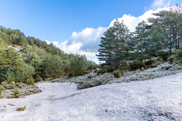 Slightly snowy landscape with the first snowfall in the Sierra de Guadarrama in Madrid